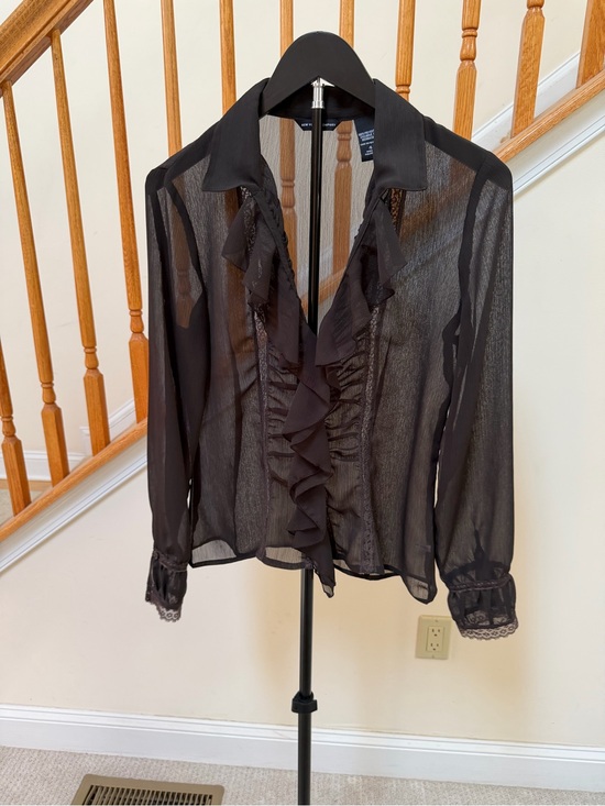New York & Company Tops - New York & Company Black Sheer Ruffle-Front Blouse with Lace Cuffs